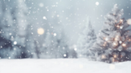 blur Christmas tree with white snow falling background with copy space for festive winter holiday seasonal banner and card design