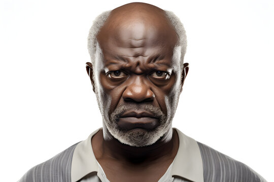 Angry senior African American man, head and shoulders portrait on white background. Neural network generated image. Not based on any actual person or scene.