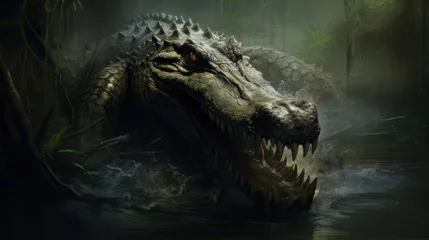Gartenposter Realistic painting of a crocodile swimming in a serene water landscape © KerXing