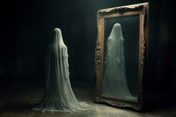 Ghostly apparition in an old mirror. Halloween theme background