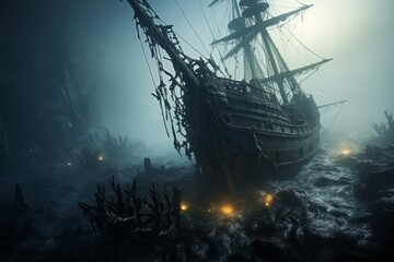 Haunted shipwreck emerging from a foggy sea. Halloween horror background - obrazy, fototapety, plakaty