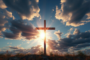 Religious cross or christian cross against morning sky backdrop
