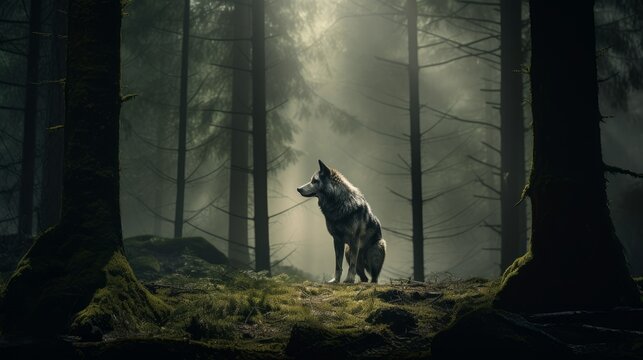 Lone wolf standing in a forest clearing, its howl resonating through the trees