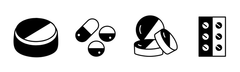 Drug, pill icon vector black and white Illustration design for business. Stock vector.