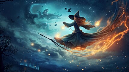 Mysterious witch flying on a broomstick against a starry night sky, symbolizing the enchantment and folklore of Halloween - obrazy, fototapety, plakaty