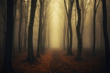 Mystical foggy forest with trees disappearing into the mist