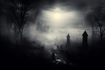 Ominous fog creeping through a graveyard on a dark background.