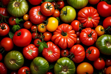 Heirloom tomatoes mix background, green and red fresh tomatoes assortment