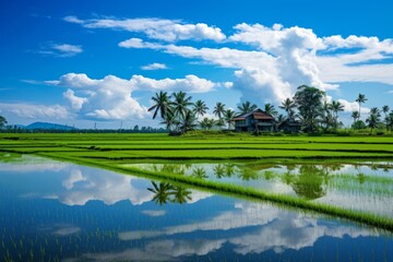 Paddy fields reflecting the blue sky in still waters, creating a serene composition