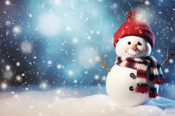 Playful snowflakes and a cheerful snowman on a snowy background