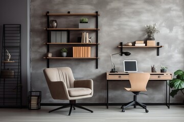 Productive workspace with organized shelves and a comfortable chair
