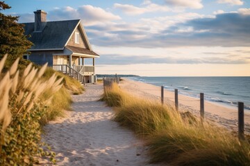Sandy pathway leading to a charming beach house by the shore - obrazy, fototapety, plakaty