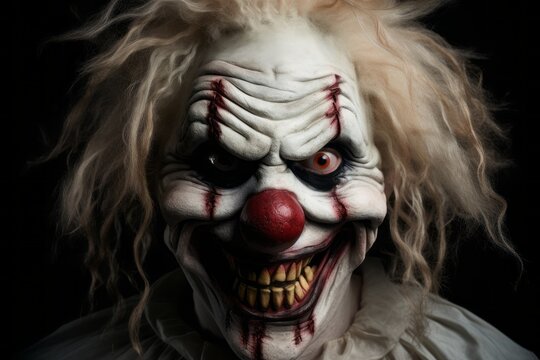 Scary clown mask with creepy grin isolated on dark for your Halloween designs.