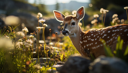 Cute deer grazing in meadow, surrounded by beauty in nature generated by AI