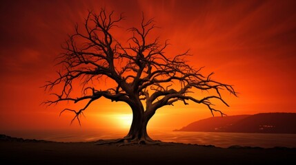 Spooky silhouette of a haunted tree against a fiery orange sunset, creating a dramatic and atmospheric Halloween image