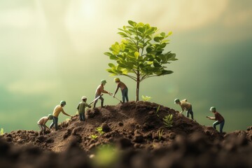 Obraz premium Group of miniature people standing on top of a dirt hill