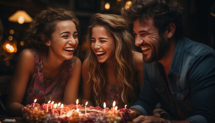 Group of young adults enjoying a cheerful birthday celebration indoors generated by AI