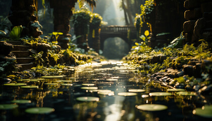 Tranquil scene Reflection of famous bridge in nature pond generated by AI