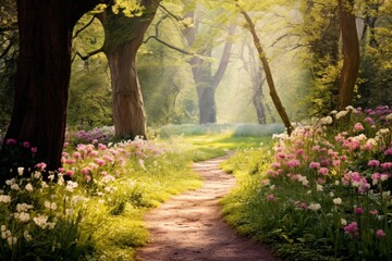Tranquil forest path lined with wildflowers and dappled sunlight - obrazy, fototapety, plakaty