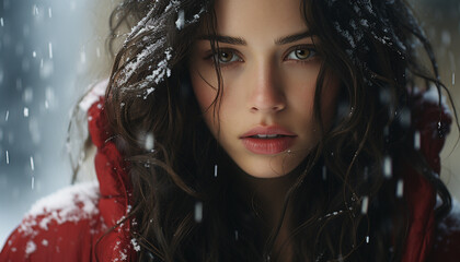 A beautiful young woman with long brown hair, looking at the camera, outdoors in the snow generated by AI