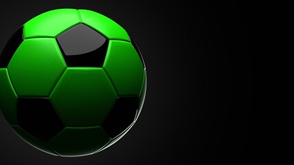 Obraz premium Green soccer ball on black text space. 3d illustration.