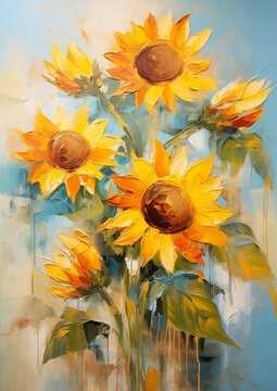 sunflowers vase table artistic partly sunny yellow fur explodes swirling paint stands easel holding brush