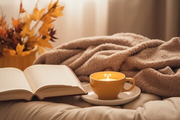 Fototapeta na wymiar Warm and cozy living room mockup with autumn decor, a cup of tea, and a book