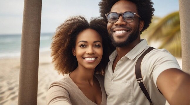Selfie of a happy afro-american couple against beach ambience background, background image, AI generated