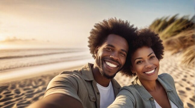 Selfie of a happy afro-american couple against beach ambience background, background image, AI generated