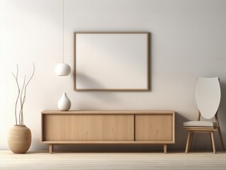 Wooden sideboard with a mirror hanging from it frame mockup.