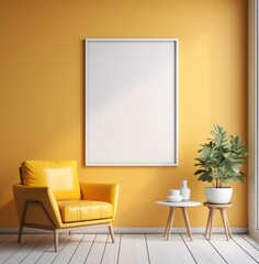Yellow armchair is pictured in front of an empty frame in a room.