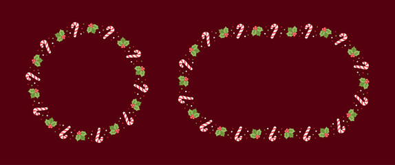 Round and Oval Christmas Frame Border Set, Winter Holiday Graphics. Cute Mistletoe and Candy Cane pattern, card and social media post template vector illustration.