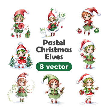 Set of cute Christmas elves with gifts. Watercolor clipart cute Santa's little helpers gnomes and presents isolated on white background. Hand drawn cartoon for Merry Christmas and Happy New Year cards