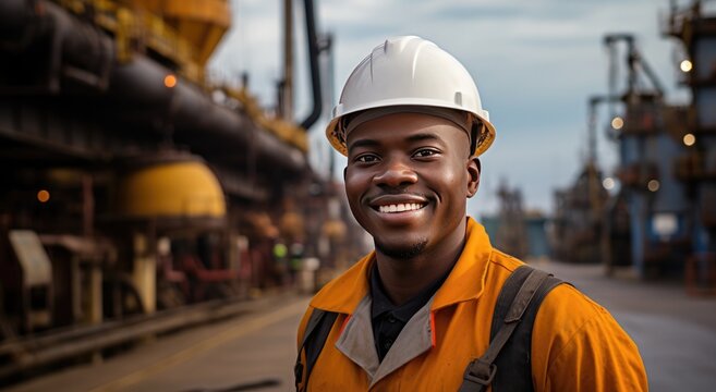 Portrait of african american petrochemical worker outside the factory.