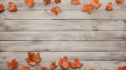 Autumn leaves on wooden plane with copy space.