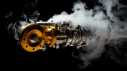 a running wound-up internal combustion engine is isolated on a black background, there is smoke, a car spare part is fictional graphics - obrazy, fototapety, plakaty