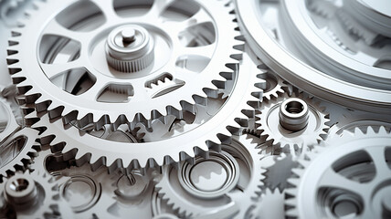 white gears, teamwork business abstract background texture a lot of gears complex mechanics mechanism work, light metal or plastic
