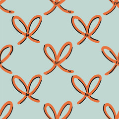 Joyful bows placed in a christmas color palette of orange on a pastel teal background forming a Christmas seamless vector pattern. Great for homedecor,fabric,wallpaper,giftwrap,stationery,packaging.