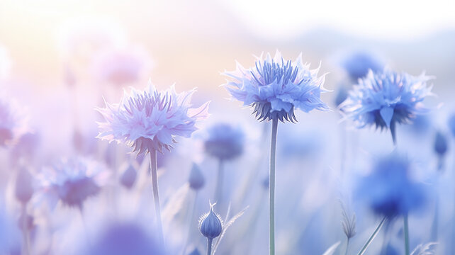 delicate blue flowers, soft pastels, cornflowers in the morning mist on a wild field