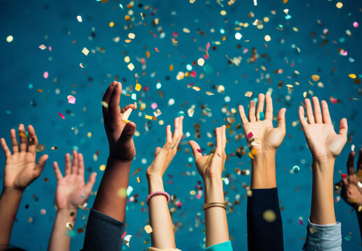 A diverse group of people celebrating with their hands in the air and falling party confetti