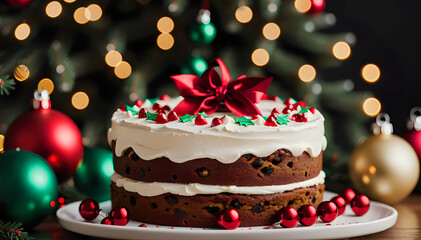 Christmas cake decorated with sprinkles and holiday ornaments, served on a white plate with baubles, accompanied by a poinsettia, against a background of lights inside a house