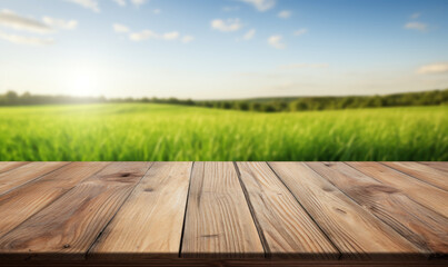 Empty wooden table top with grass field background