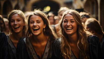 Fototapeta premium Young adults enjoying a carefree summer party, laughing and dancing generated by AI