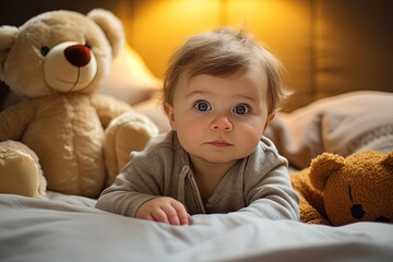 close up cute baby young boy with bokeh light on bed, Generative Ai
