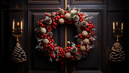 Fototapeta na wymiar Rustic wood wreath decorates door, celebrating winter season generated by AI