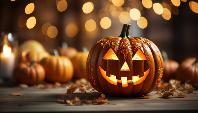 Halloween pumpkin lantern glowing on dark wood table generated by AI