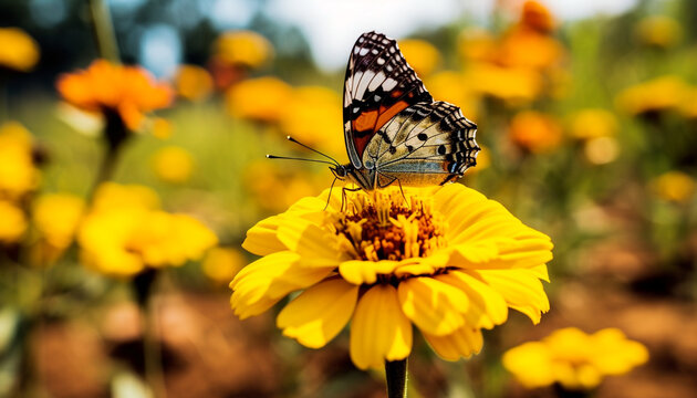 Vibrant butterfly pollinates yellow flower in beautiful meadow generated by AI