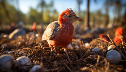 Fototapeta premium A cute yellow rooster perched on a branch in nature generated by AI