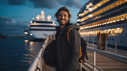 a man at cruise dock port smiling with ocean view, Generative Ai - obrazy, fototapety, plakaty