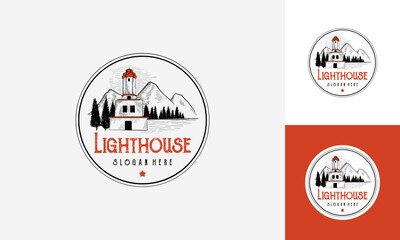 Hand drawn Lighthouse with mountain and fir tree vintage badge logo design